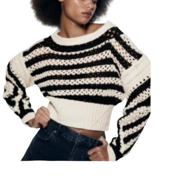 Zara Limited Edition Openwork Chunky Knit Striped Boho Chic Crop Sweater Medium - Picture 13 of 13